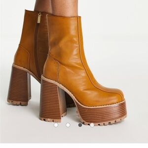 high-heeled platform ankle boots in tan